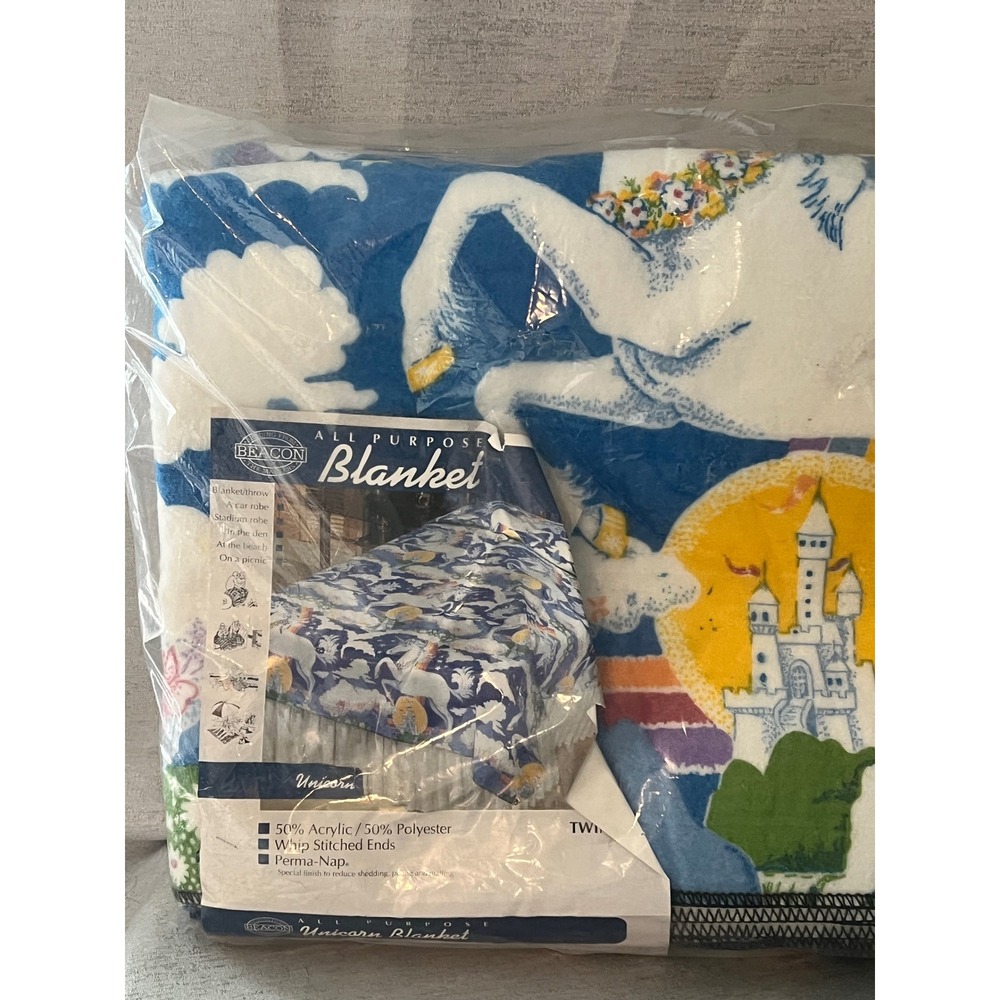 Vintage Beacon Unicorn Rainbow Castle Twin Blanket Blue Whip Stitch Perma-Nap - Picture 1 of 4